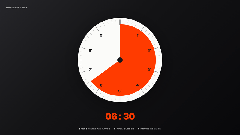 The same timer in five brands, one after another: black and orange, navy and blue, forest green with a serif font, light cream and violet, and dark brown with amber