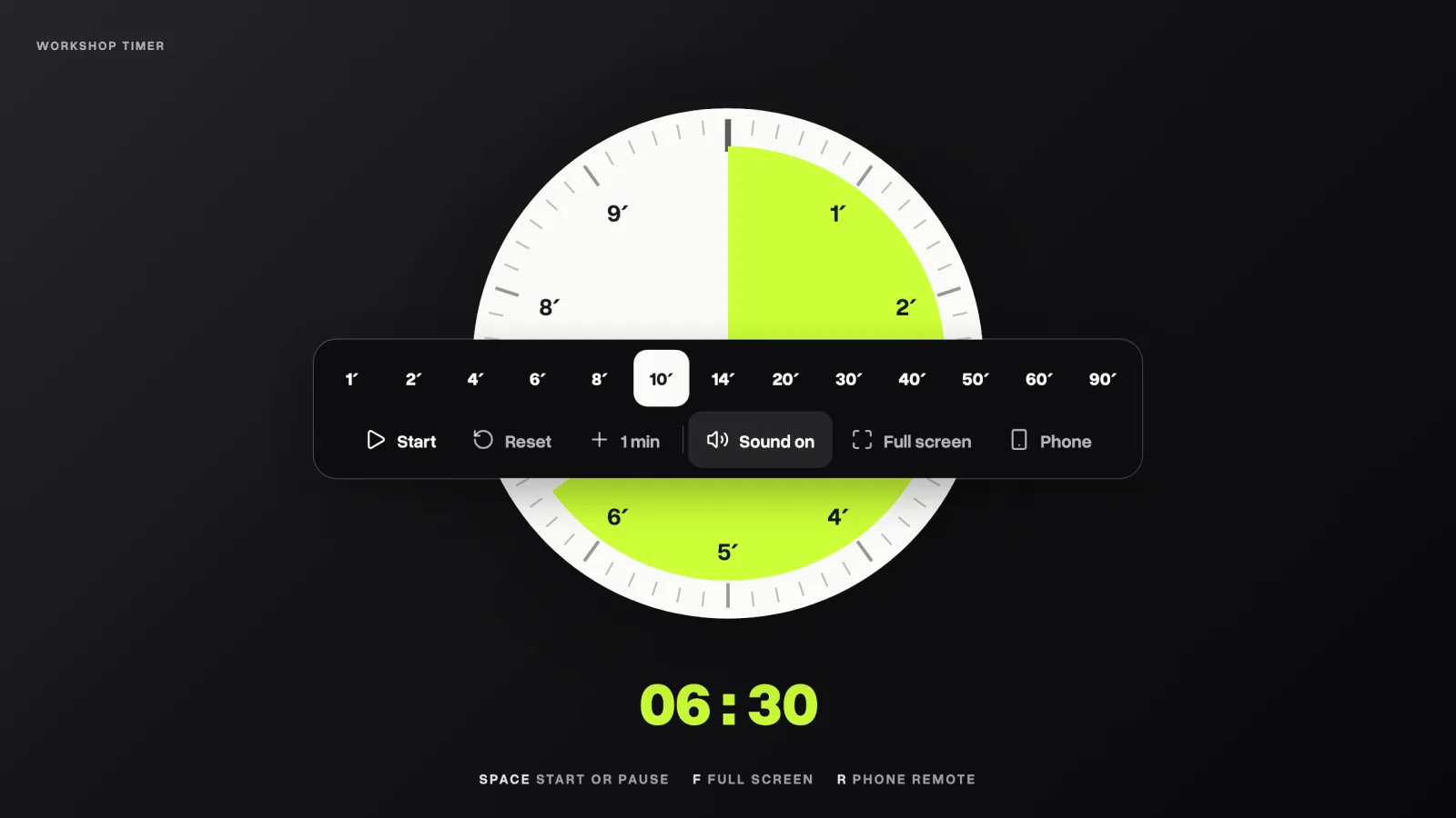 The control bar over a white dial paused at 06:30, with length presets from 1 to 90 minutes, Start, Reset and plus one minute