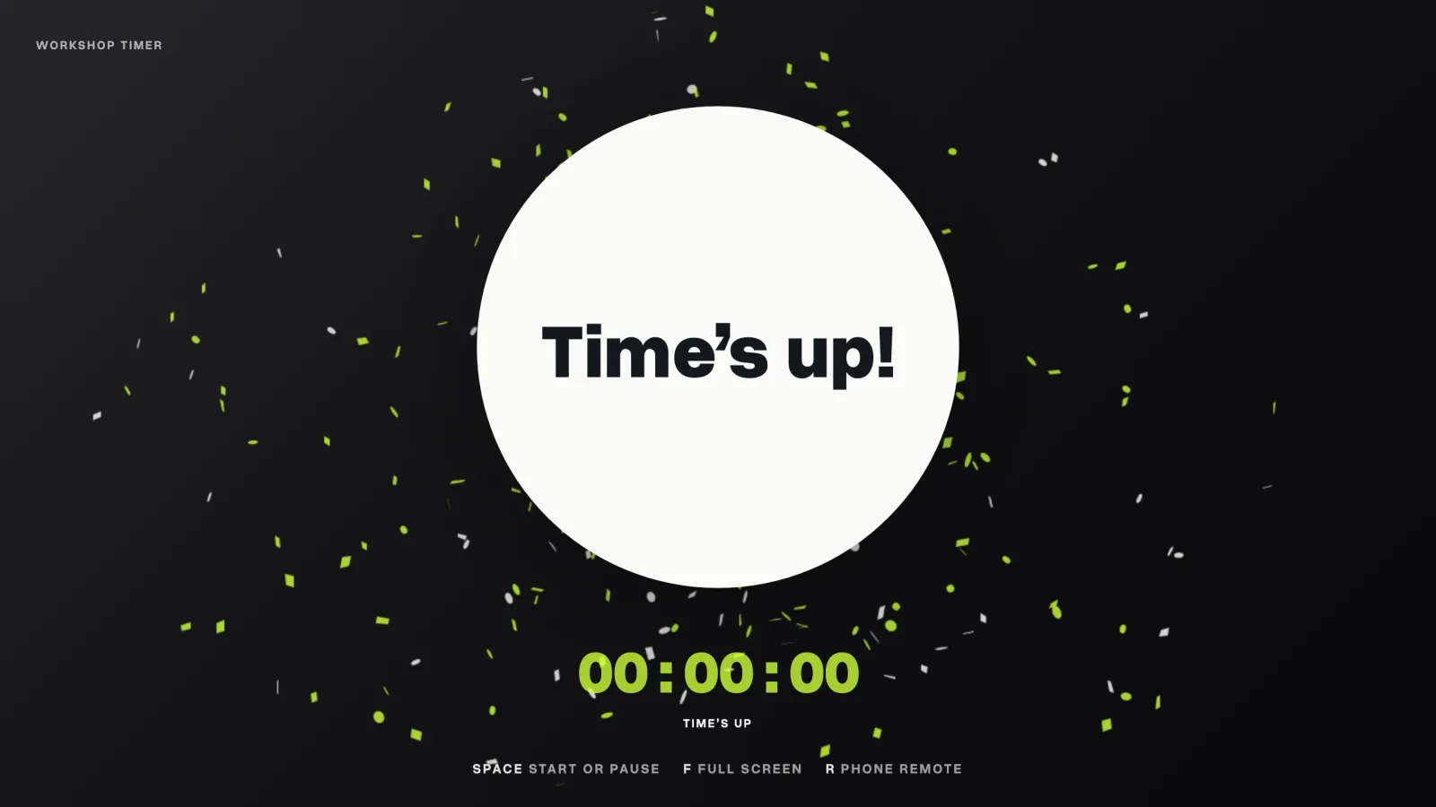 Time's up in black on a white disc, with lime and white confetti bursting around it