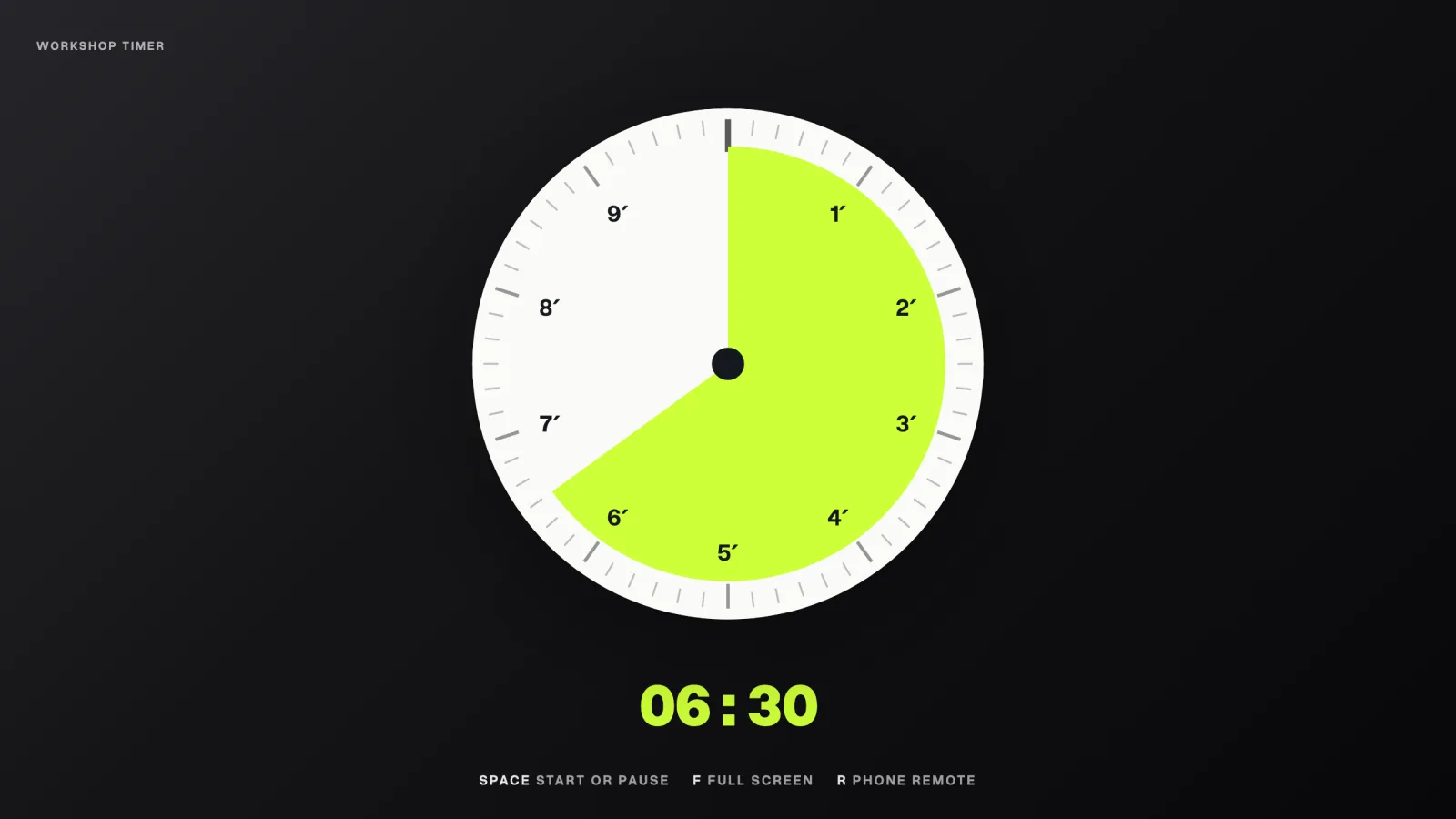 The timer running full screen: a large white dial, two thirds of it lime, reading 06:30